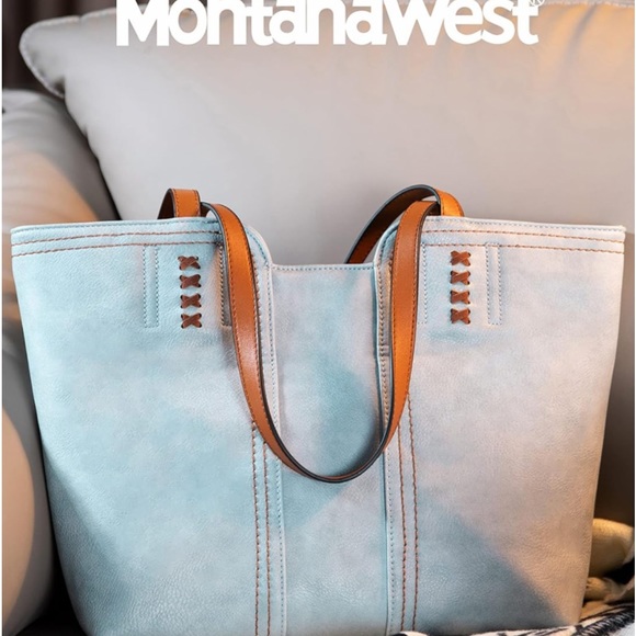 Montana West Top Handle Vegan Leather Tote Bag, NWT, Lt. Blue - Picture 10 of 10